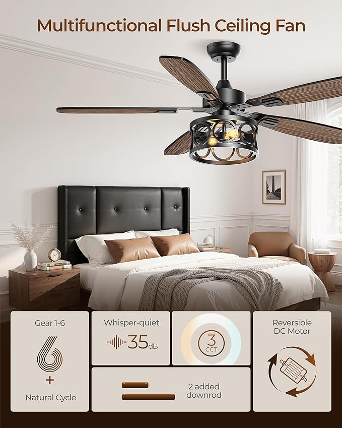 Ceiling Fans with Lights and Remote, 42'' Vintage Caged Ceiling Fan with Light, 5 Blades, 6+1 Speed, Flush Mount Ceiling Fan Whisper-quiet for Farmhouse, Living Room, Kitchen and Porch (42 Inch)
