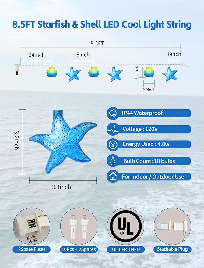 8.5Ft Beach Themed Seashell String Lights, 10L LED Ocean Starfish Seashell Lights Plug in for Boho Coastal Bedroom Seashell Party Nautical Party Holiday Decor, Indoor Outdoor