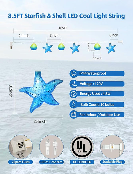 8.5Ft Beach Themed Seashell String Lights, 10L LED Ocean Starfish Seashell Lights Plug in for Boho Coastal Bedroom Seashell Party Nautical Party Holiday Decor, Indoor Outdoor