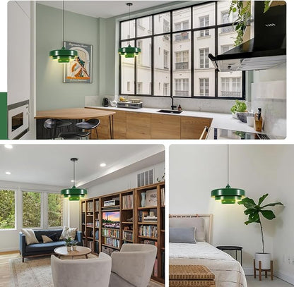 Set of 2 Green Pendant Lights, Small 3-Layer Metal Shade Chandeliers, Modern Farmhouse Island Lights for Kitchen Over Sink, Foyer, and Dining Room