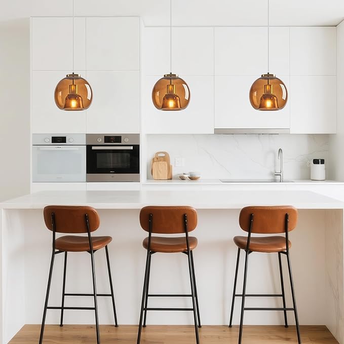 Brown Glass Pendant Lights Kitchen Island Gold Hanging Light Fixture Glass Globe Pendant Light Modern Pendant Lighting for Kitchen Island Bedroom Dining Room (7.87", 2 Pack)