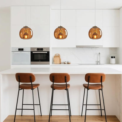 Brown Glass Pendant Lights Kitchen Island Gold Hanging Light Fixture Glass Globe Pendant Light Modern Pendant Lighting for Kitchen Island Bedroom Dining Room (7.87", 2 Pack)