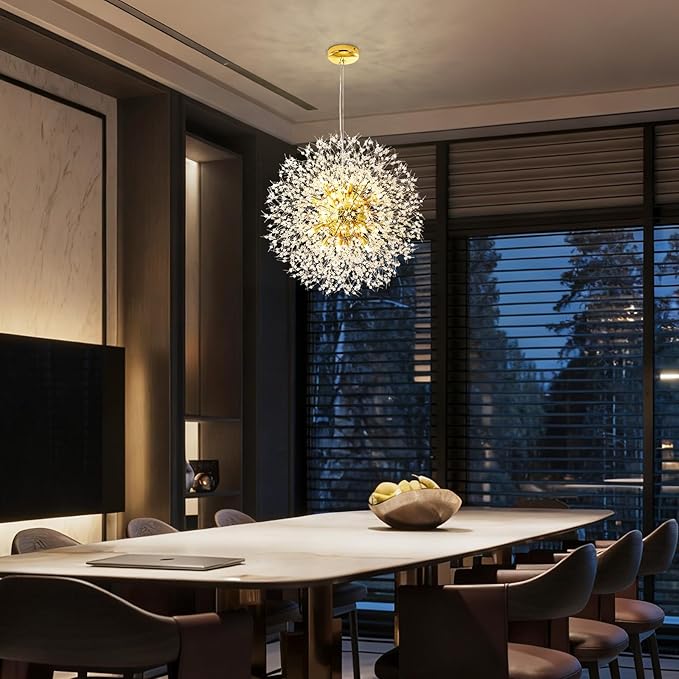 Qamra Modern Crystal Gold Chandeliers, Firework Dandelion Sputnik Chandelier Light Fixture Pendant Lighting for Dining Room, Bedroom, Kitchen, Living Room(16-Light, Gold)