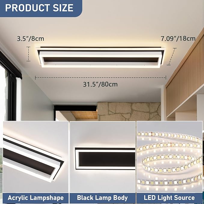 Dimmable Led Ceiling Light with Remote Control Modern Linear Flush Mount Ceiling Lighting Fixture Acrylic Long Ceiling Lamp for Living Room Kitchen Dining Room Hallway (Black&White, 2 Packs)