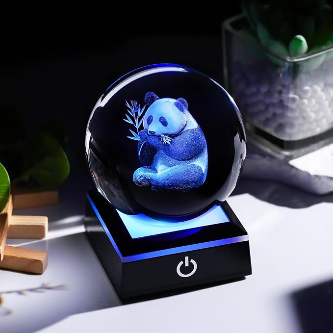 Arikyrist 3D Panda Figurine Crystal Ball with Colorful Light Base, Panda Gifts for Women Men on Christmas Birthday, 3D Laser Engraved Pandas Full Sphere Glass Decorative Ball for Home Office (80mm)