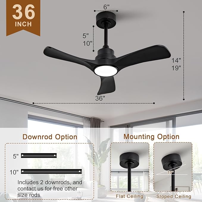 Black Ceiling Fans with Lights,36 inch Solid Wood Ceiling Fan,Remote Control,Wall Switch,Dimmable,Reversible Quiet DC Motor,Power Off Memory Modern Ceiling Fan for Bedroom Patio Indoor/Outdoor
