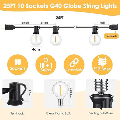 Mlambert 50FT(2x25FT) G40 LED Outdoor String Lights, Plug-in Waterproof Patio Lights with 20+2 LED Bulbs, Porch Lights for Backyard Party Decor, Black