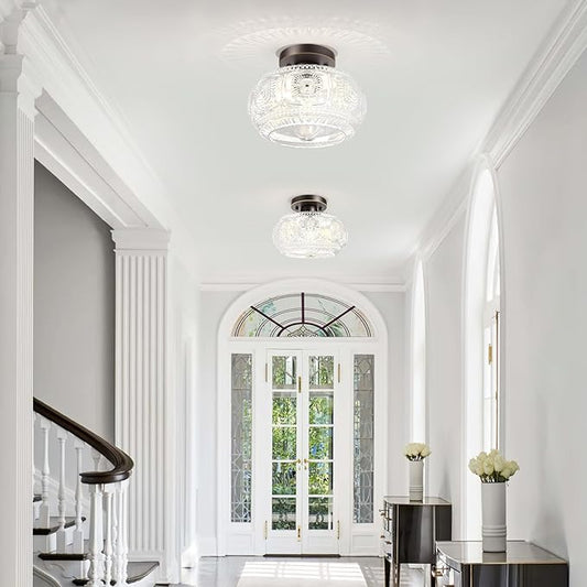 Semi Flush Mount Ceiling Light, Globe Glass Ceiling Light Fixture, Oil Rubbed Bronze with Gold Trim Modern Lighting for Hallway Bedroom Entryway Kitchen Porch, Bulb Not Included
