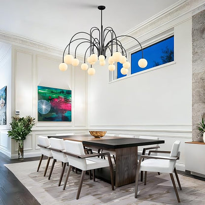 CATINER Modern Black Sputnik Chandeliers Extra Large 18 Lights L59”Mid Century Ceiling Pendant Lighting Fixture with Milk Glass Globe Shades for High Ceiling Living Room Foyer Staircase