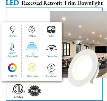 KSANA Recessed Lighting 4 Inch, 5CCT White LED Can Lights for Ceiling, 5 Colors Selectable-2700K/3000K/3500K/4000K/5000K, 10W Eqv 60W, Dimmable Retrofit Downlight with Baffle Trim