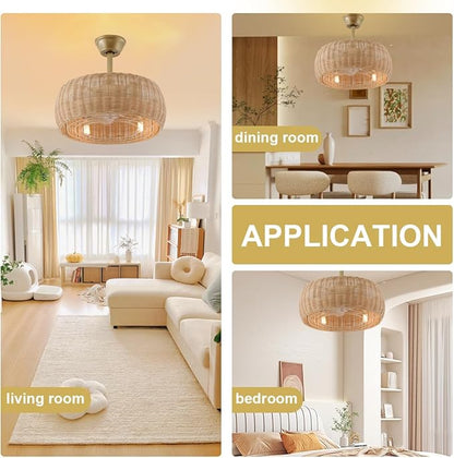18.1" Rattan Caged Ceiling Fan with Lights 4-Light Beige Fandelier with Light Boho Bamboo Chandelier Fan with Light Reversible Motor, Remote Wicker Pendant Light with Fan for Bedroom Living Room