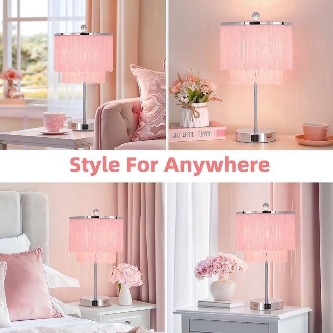Pink Lamps Set of 2 for Girls Room, 3-Way Dimmable Touch Lamps with USB Port, Girls Lamps with Tassel Lampshade for Bedroom, Living Room, Dresser, Nightstand, LED Bulbs Included