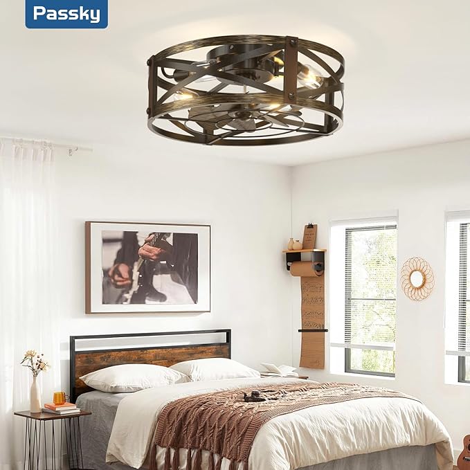 Passky 20" Farmhouse Flush Mount Ceiling Fans with Lights and Remote, Industrial Black Caged Low Profile Fandelier, 6 Speeds Bladeless Ceiling Fan for Bedroom, Kitchen, Living Room