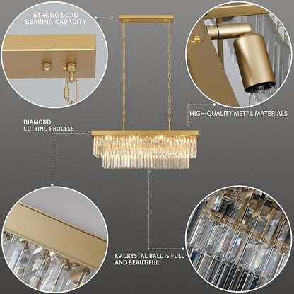 Weesalife Crystal Chandeliers for Dining Room Light Fixtures Over Table，11-Lights Gold Modern Rectangle Chandeliers for Kitchen Island Bar L33.5 Inch
