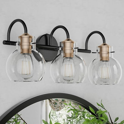 Bathroom Light Fixtures, Black and Copper 3 Light Bathroom Vanity Light, Modern Wall Sconce Black with Red Copper, Vanity Lights Over Mirror with Globe Glass Shade and Metal Base