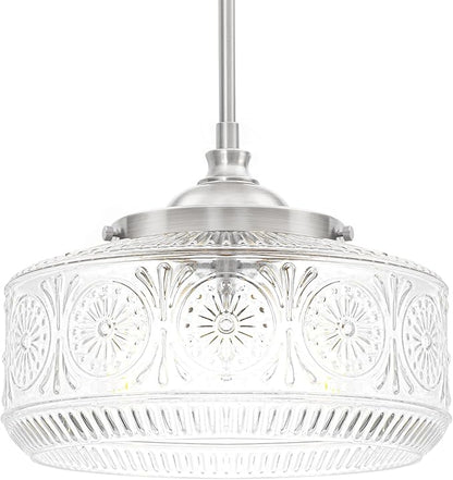 Vintage 3 Lights Drum Pendant Lights Kitchen Island with Etched Glass Shade, Adjustable Height Brushed Nickel Pendant Light for Kitchen Island, Dining Room,Bedroom,Hallway, E12 Base,Bulbs Not Included