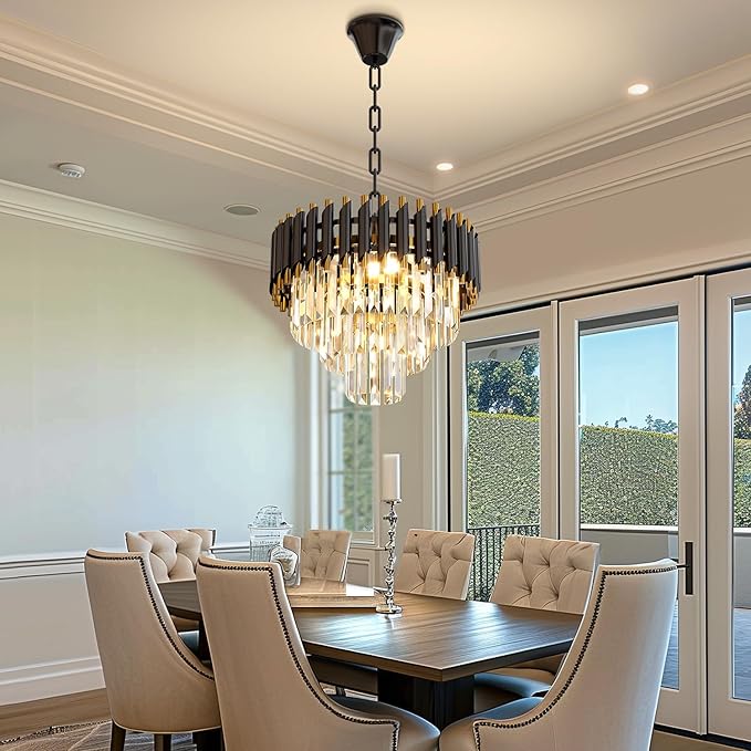 Modern Black Crystal Chandelier, 16" 5-Light Round Chandelier,3 Tiers Ceiling Pendant Light, Adjustable Hanging Chandeliers for Dining Room, Foyer, Living Room, Staircase