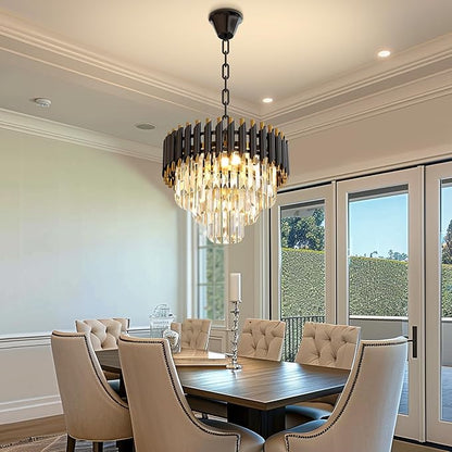 Modern Black Crystal Chandelier, 16" 5-Light Round Chandelier,3 Tiers Ceiling Pendant Light, Adjustable Hanging Chandeliers for Dining Room, Foyer, Living Room, Staircase