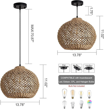 Farmhouse Rattan Pendant Lights 13.8" Wicker Hand-Woven Chandelier Rustic Round Seagrass Hanging Light Fixture for Kitchen Island Bedroom Hallway Entry Living Room Dining Coffee Bar