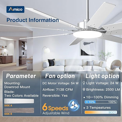 Amico 72 inch Brushed Nickel Ceiling Fan with Light, Large Modern Ceiling Fans with Remote, Reversible DC Motor, Dimmable 3CCT LED, Quiet Indoor/Outdoor for Living Room, Bedroom, Patio