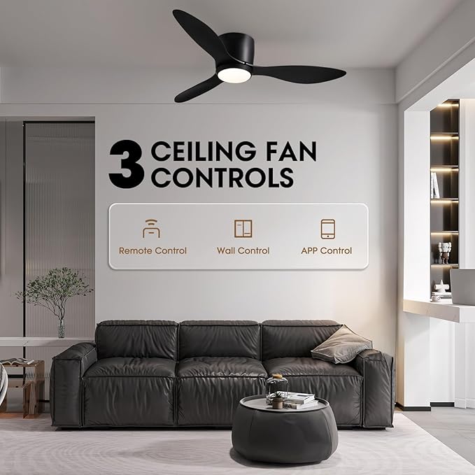LUDOMIDE Ceiling Fans with Lights,42 Inch Low Profile Ceiling Fan with Wall Control and Remote Control,Dimmable,Flush Mount Ceiling Fan with Noiseless DC Reversible Motor for Bedroom Indoor Use