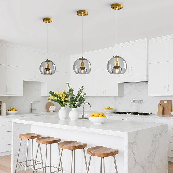 Light Grey Glass Pendant Lights Kitchen Island Gold Hanging Light Fixture Glass Globe Pendant Light Modern Pendant Lighting for Kitchen Island Bedroom Dining Room (7.87", 1 Pack)