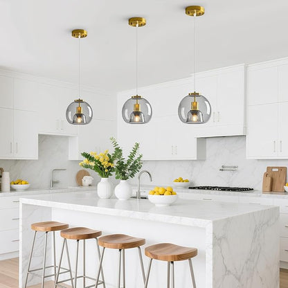Light Grey Glass Pendant Lights Kitchen Island Gold Hanging Light Fixture Glass Globe Pendant Light Modern Pendant Lighting for Kitchen Island Bedroom Dining Room (7.87", 1 Pack)