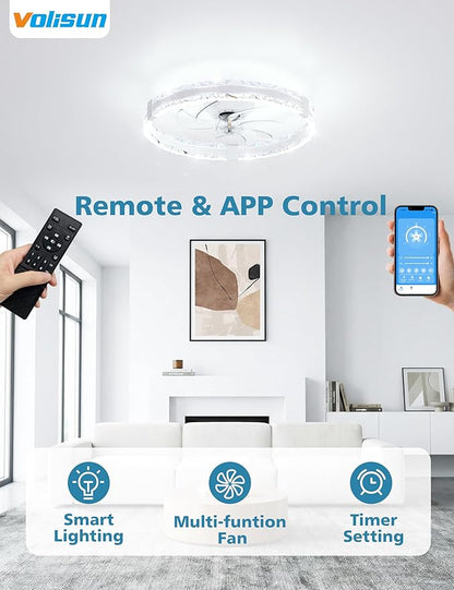 VOLISUN Low Profile Ceiling Fans with Lights and Remote, 20in Fandelier Ceiling Fans with Lights Flush Mount, Dimmable Bladeless LED Ceiling Fan Light, White Modern Ceiling Fan Light for Bedroom