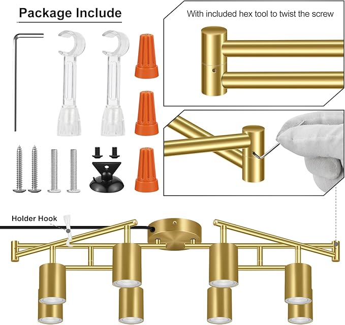 Plug in Track Lighting, LED Track Lighting Fixtures Ceiling Kit, Gold 8-Light Ceiling Light Plug-in, Wall Light with 15ft Power Cord, Rotatable Kitchen Spotlight for Bedroom(GU10 Socket, NO Bulb)