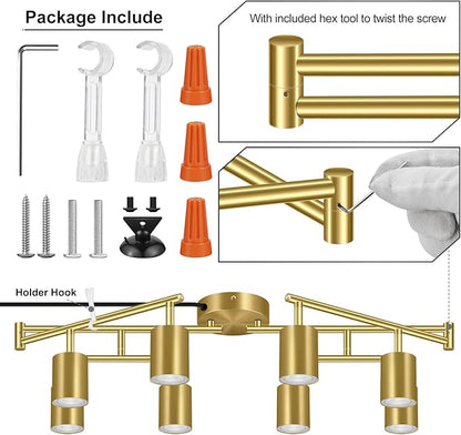 Plug in Track Lighting, LED Track Lighting Fixtures Ceiling Kit, Gold 8-Light Ceiling Light Plug-in, Wall Light with 15ft Power Cord, Rotatable Kitchen Spotlight for Bedroom(GU10 Socket, NO Bulb)