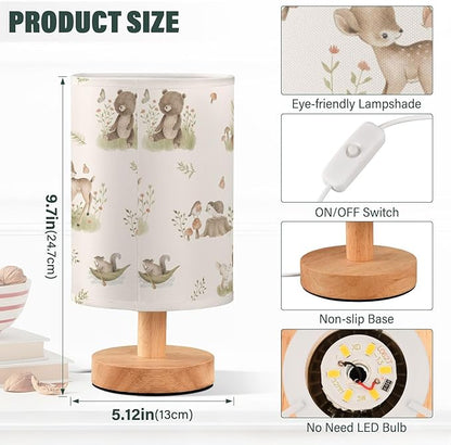 Bedside Table Lamp Woodland Animals Nightstand Lamp with Wood Forest Fox Deer Rabbit Bird Bear Mushroom Desk Lamps for Bedroom Living Room Nursery Office Home Decor