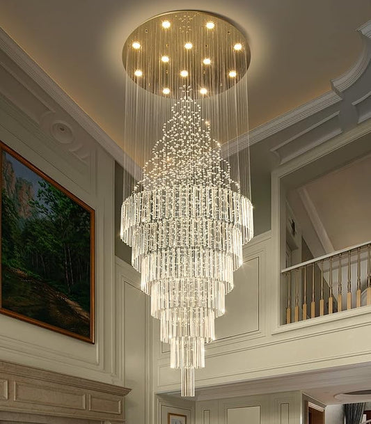 HAIXIANG W32 x H120 Glam Chandelier with LED Bulbs Crystal Raindrop High Ceiling Pendant Light for Entrance Large Villa Chandelier Foyer Lighting Fixtures Gold