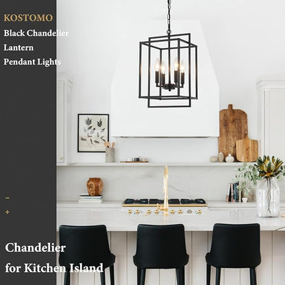 4-Light Black Farmhouse Chandelier Lantern Chandelier Light Fixture for Dining Room Kitchen Island Lighting Modern Pendant Light Fixtures for Bedroom Living Room Foyer