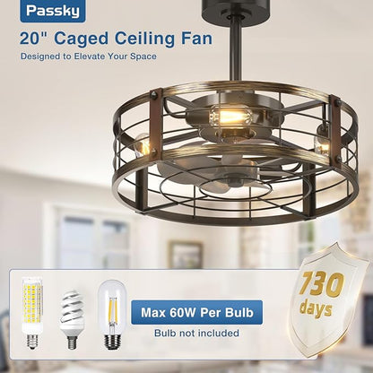 Passky 20 Inch Farmhouse Caged Ceiling Fans with Lights and Remote, Black Downrod Mount Bladeless Fandelier, 6 Speeds Bladeless Ceiling Fan Light for Bedroom, Kitchen, Living Room, Indoor