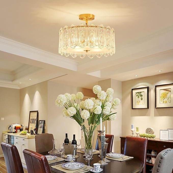 4-Lights Luxury Glass Chandelier, Mid-Century Modern Style for Dining Room, Living Room, Bedroom, D16.5'' × H10.6'', Adjustable Height (10.6"~51.4"), Gold Finish Frame & Figured Glass Shade