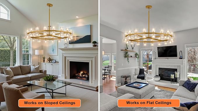 Modern 36 Inch Gold Crystal Wagon Wheel Chandelier, Large Round 36-Light Pendant Lighting Fixture, Adjustable Height for High Ceilings Living Room, Dining Room, Foyer, Entryways (gold-36in)