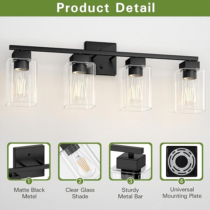 4 Light Bathroom Vanity Light - Matte Black Bathroom Light Fixtures Square Design & UL Certification, Square Light Fixture Over Mirror, Farmhouse Light Fixtures for Bathroom & Bedroom