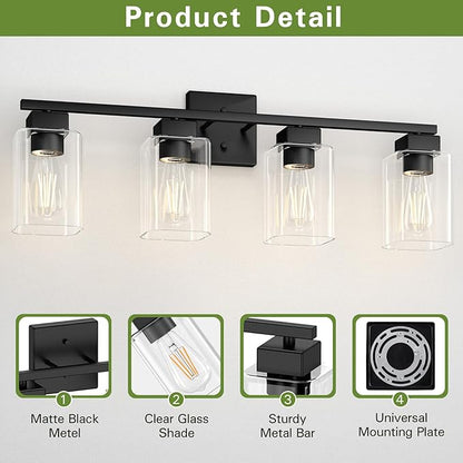 4 Light Bathroom Vanity Light - Matte Black Bathroom Light Fixtures Square Design & UL Certification, Square Light Fixture Over Mirror, Farmhouse Light Fixtures for Bathroom & Bedroom