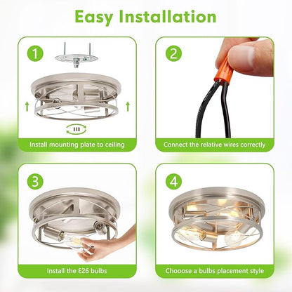 Farmhouse Ceiling Light - Dimmable Rustic Black Flush Mount E26 Industrial Ceiling Modern Led for Hallway Livingroom Kitchen Bedroom (1 Pack - Brushed Nickel, 12 Inch - 3 Lamp Holders)