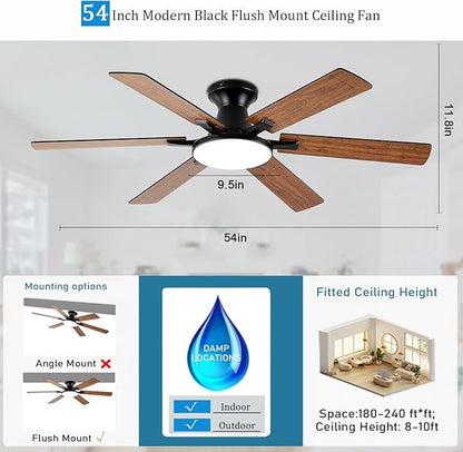 Ceiling Fans with Lights,54 Inch Low Profile Ceiling Fan with Light and Remote Control,6 Speeds/6 Blade,Flush Mount,LED Dimmable DC Reversible Modern, Brown Ceiling Fan for Bedroom/Living Room