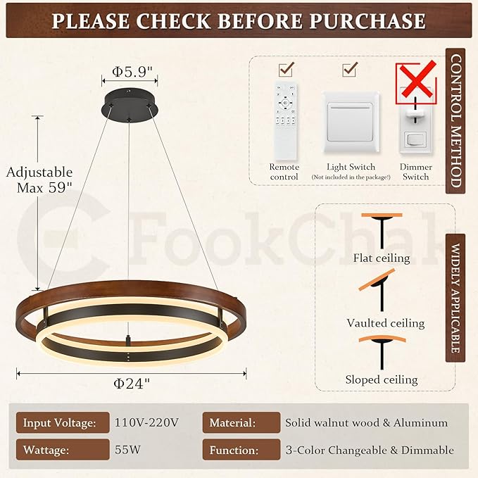 LED Ring Chandelier 24in Solid Walnut Wood Chandeliers Dimmable Black Chandeliers Modern Round Chandelier Light for Living Room Dining Room Kitchen Island Bedroom Entry