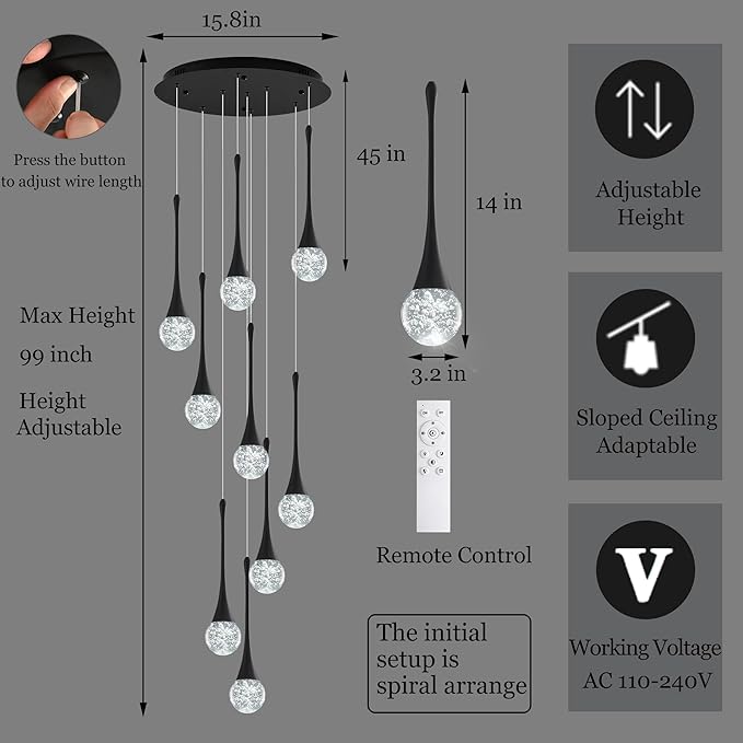 Modern Black Crystal Chandelier for High Ceiling 9-Lights, 99 Inches Luxury Spiral Dimmable LED Bubble Raindrop Pendant Lighting Fixture for Staircase Foyer Entryway Living Room
