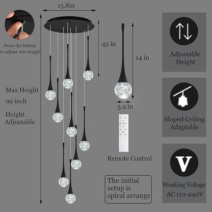 Modern Black Crystal Chandelier for High Ceiling 9-Lights, 99 Inches Luxury Spiral Dimmable LED Bubble Raindrop Pendant Lighting Fixture for Staircase Foyer Entryway Living Room