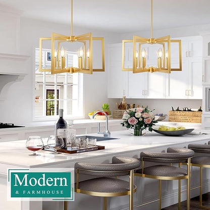 6-Light Gold Chandelier, Farmhouse Dining Room Light Fixture, 21.3in Modern Chandelier, Geometric Industrial Metal Hang Lighting Fixture for Foyer Entryway Kitchen Over Table Hallway Living Room