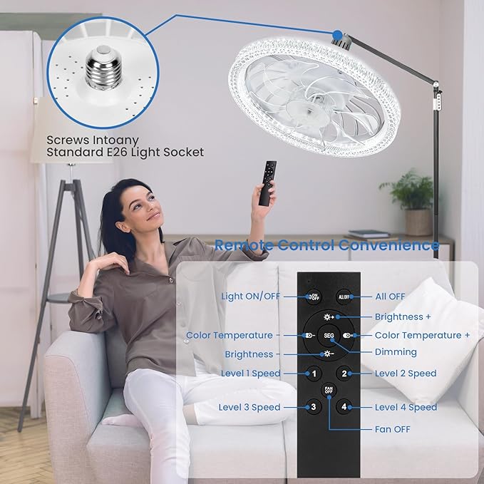 Ceiling Fans with Lights,Socket Fan Light with Remote Control,E26 Dimmable Brightness 3000K-6500K Memory,4 Fan Speeds,2200 Lumens LED Quiet Ceiling Fans Perfect for Small Spaces, Bedroom, Home Offices