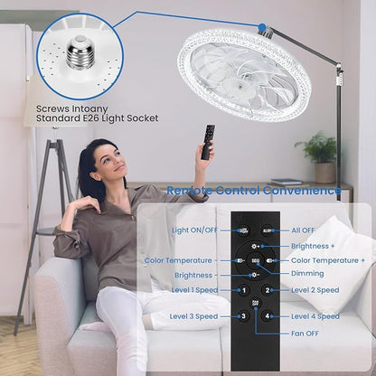 Ceiling Fans with Lights,Socket Fan Light with Remote Control,E26 Dimmable Brightness 3000K-6500K Memory,4 Fan Speeds,2200 Lumens LED Quiet Ceiling Fans Perfect for Small Spaces, Bedroom, Home Offices