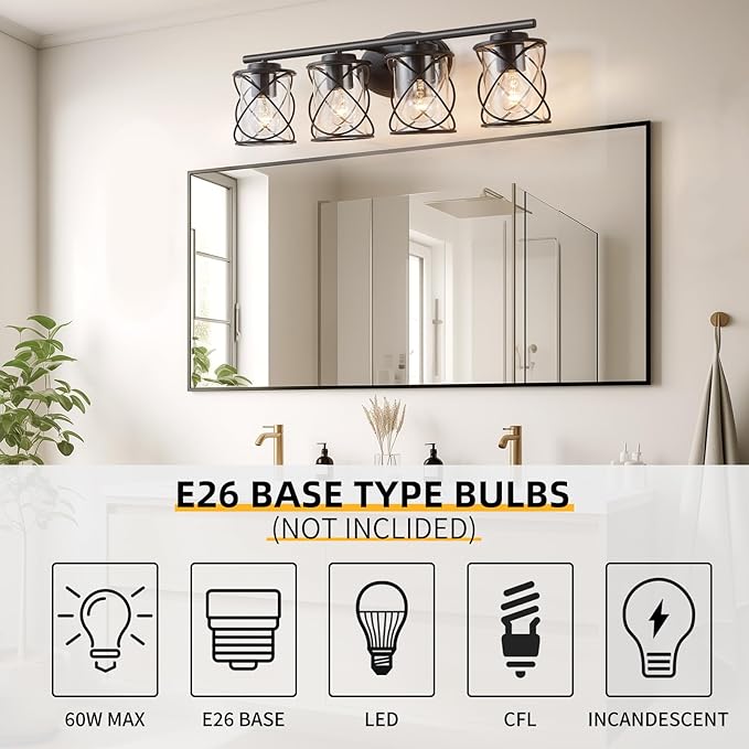 4-Lights Bathroom Light Fixtures, Matte Black Modern Vanity Light Over Mirror, Bathroom Wall Lamp for Mirror Kitchen Living Room Hallway Porch, Farmhouse Wall Lights with Clear Glass Cage Shade