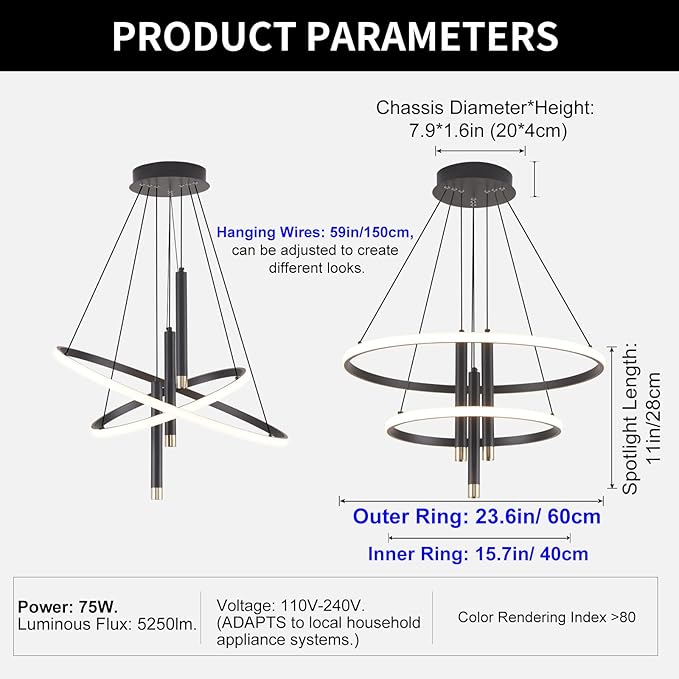 ORANOOR LED Black Modern Chandeliers for Dining Room Bedrooms Living Room, Dimmable 24in 5250lm Kitchen Pendant Lamp Dining Room Light Fixtures Ceiling Hanging Over Table, 2 Ring Round Chandeliers