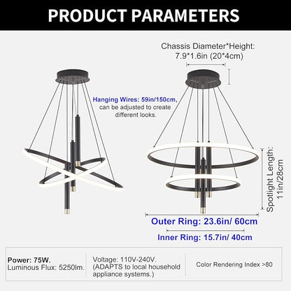 ORANOOR LED Black Modern Chandeliers for Dining Room Bedrooms Living Room, Dimmable 24in 5250lm Kitchen Pendant Lamp Dining Room Light Fixtures Ceiling Hanging Over Table, 2 Ring Round Chandeliers