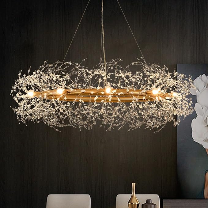 Gold Crystal Chandeliers Round,39" Modern Crystal Dining Room Chandeliers Light Fixtures,Large Firework Chandelier Lighting for Master Bedroom Living Room,Pendant Light for Entryway,Kitchen